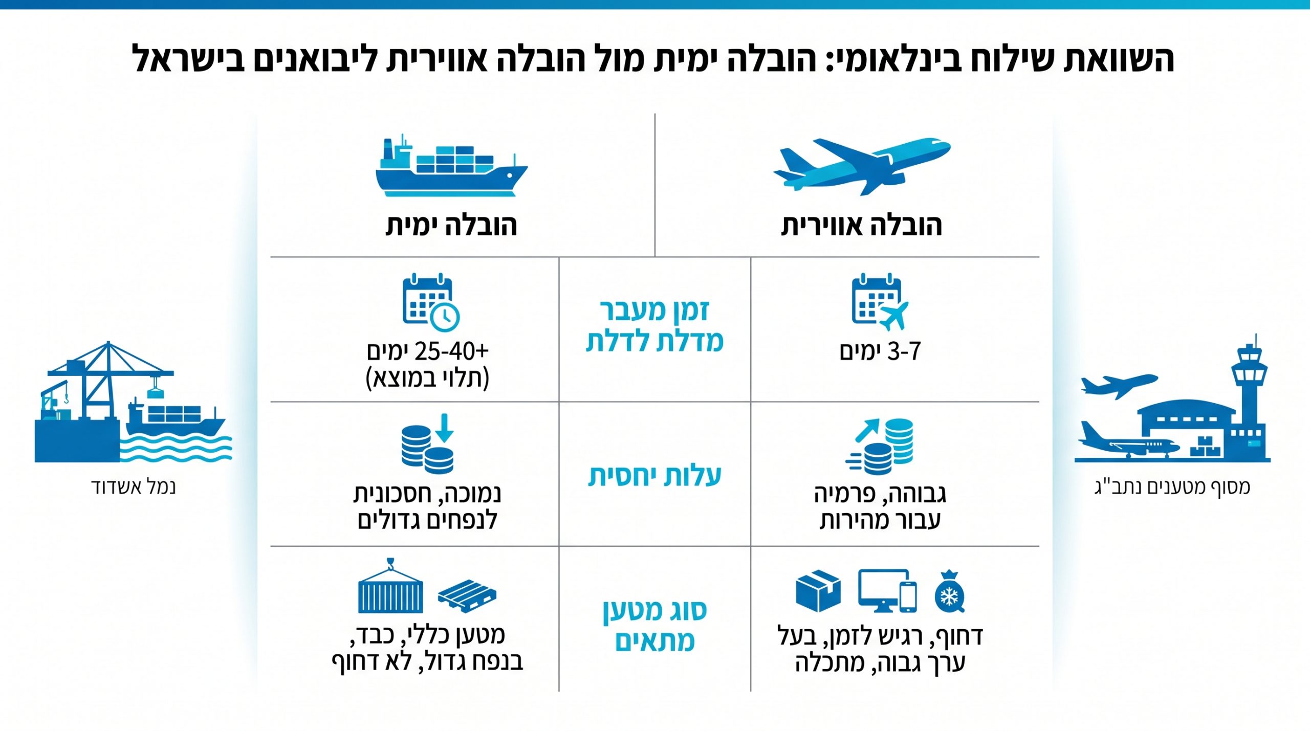 השוואה בין שילוח ימי לשילוח אווירי מסין לישראל - עלות מול זמן