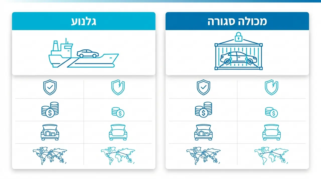 השוואה בין שילוח רכב במכולה סגורה לבין גלנוע RO-RO