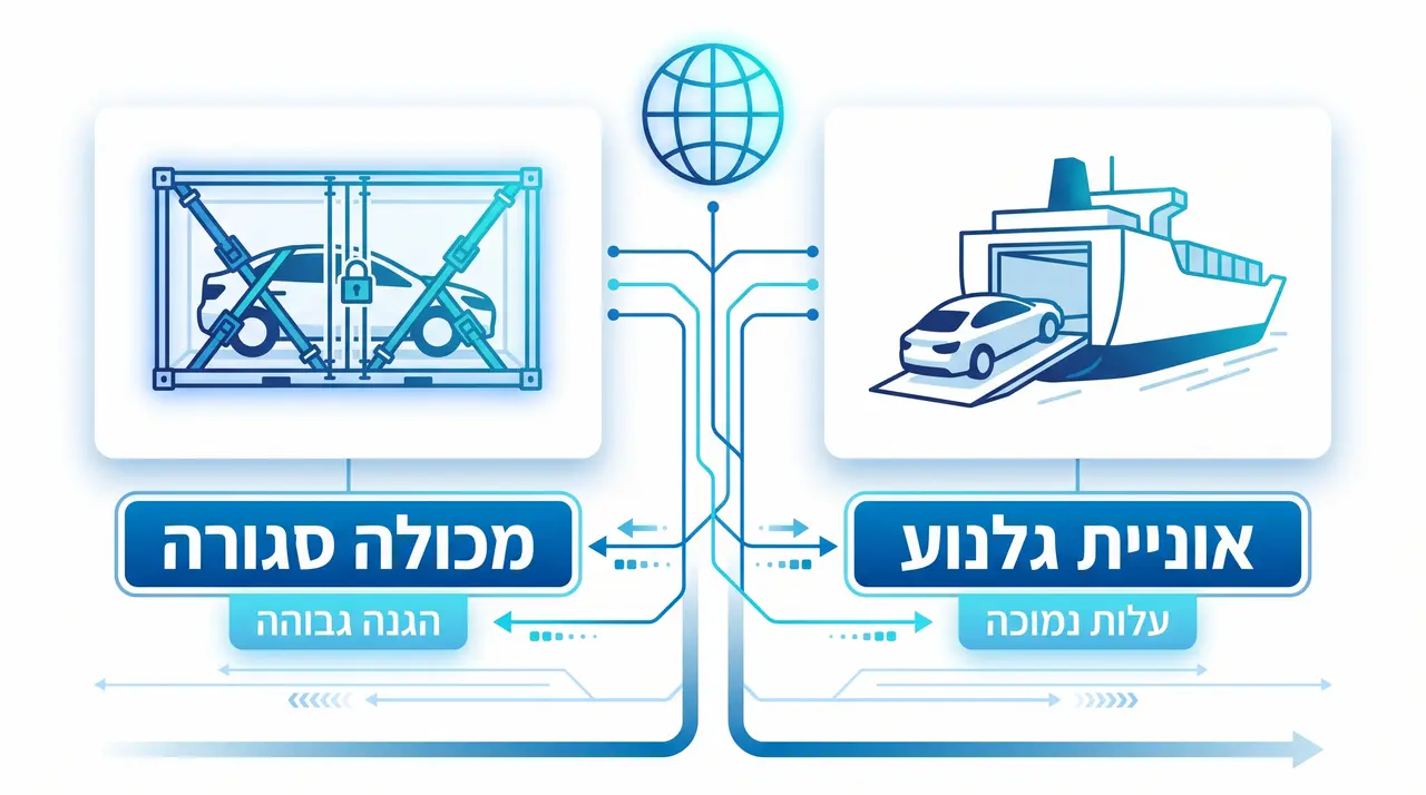 השוואה בין שילוח רכב במכולה סגורה לבין אוניית גלנוע RO-RO