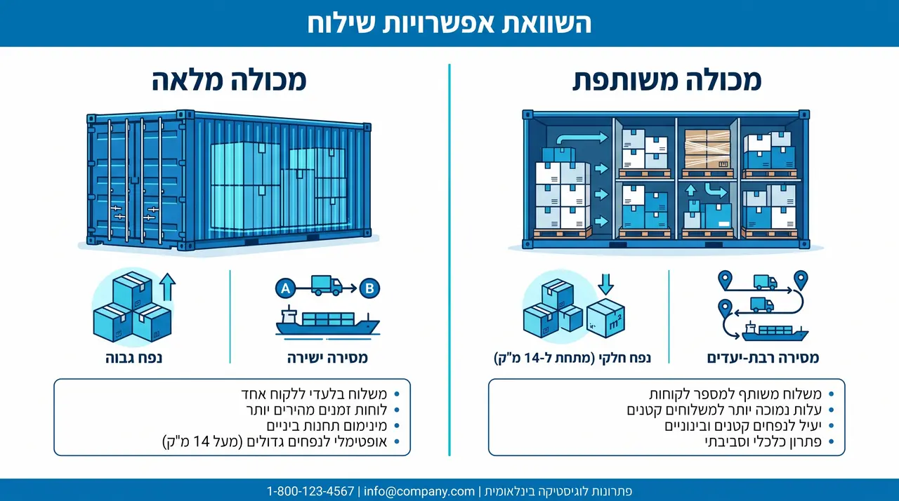 המחשה של הבחירה בין מכולה מלאה FCL למכולה משותפת LCL לרילוקיישן