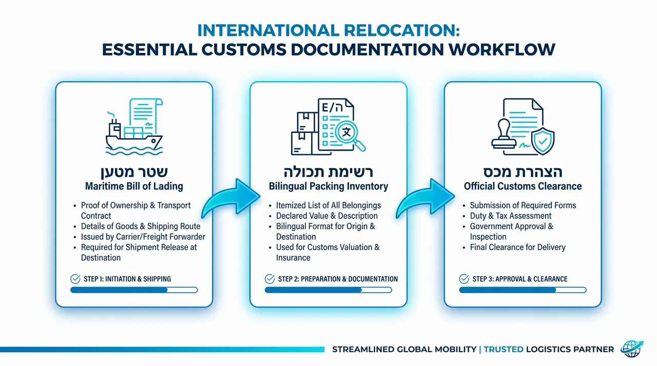 המחשה של המסמכים הנדרשים לשילוח מכולה אישית ושחרורה ממכס