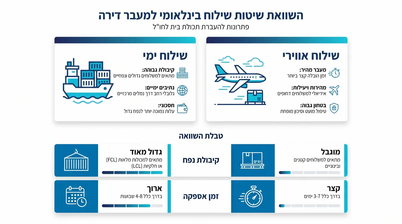 השוואה בין שילוח ימי במכולה לשילוח אווירי של תכולת בית