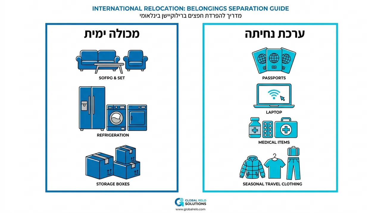 הפרדה בין מזוודות העלייה למטוס לבין תכולת המכולה הימית